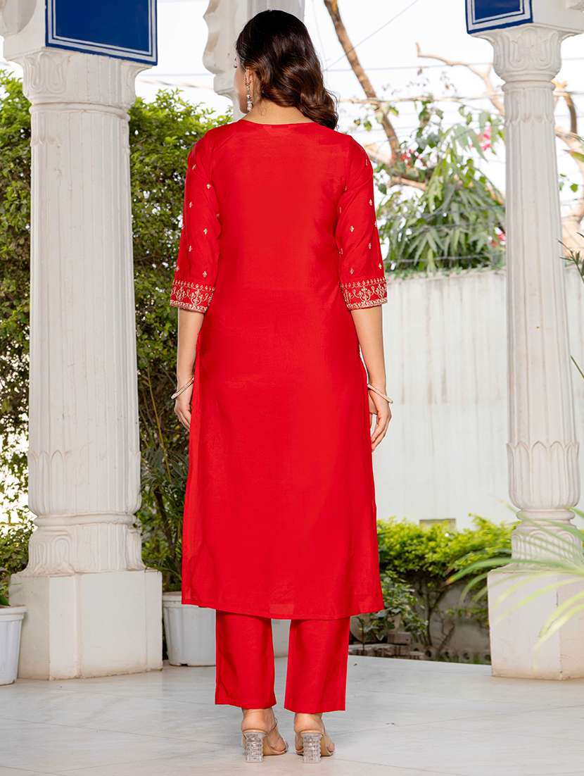 women solid with work three quarter sleeve kurta pant with dupatta set - 22433918 -  Standard Image - 5