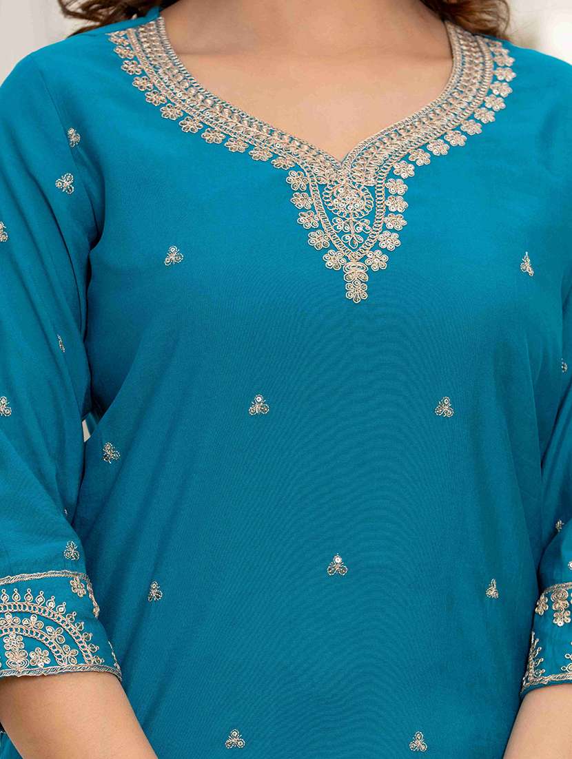 women solid with work three quarter sleeve kurta pant with dupatta set - 22433920 -  Standard Image - 5