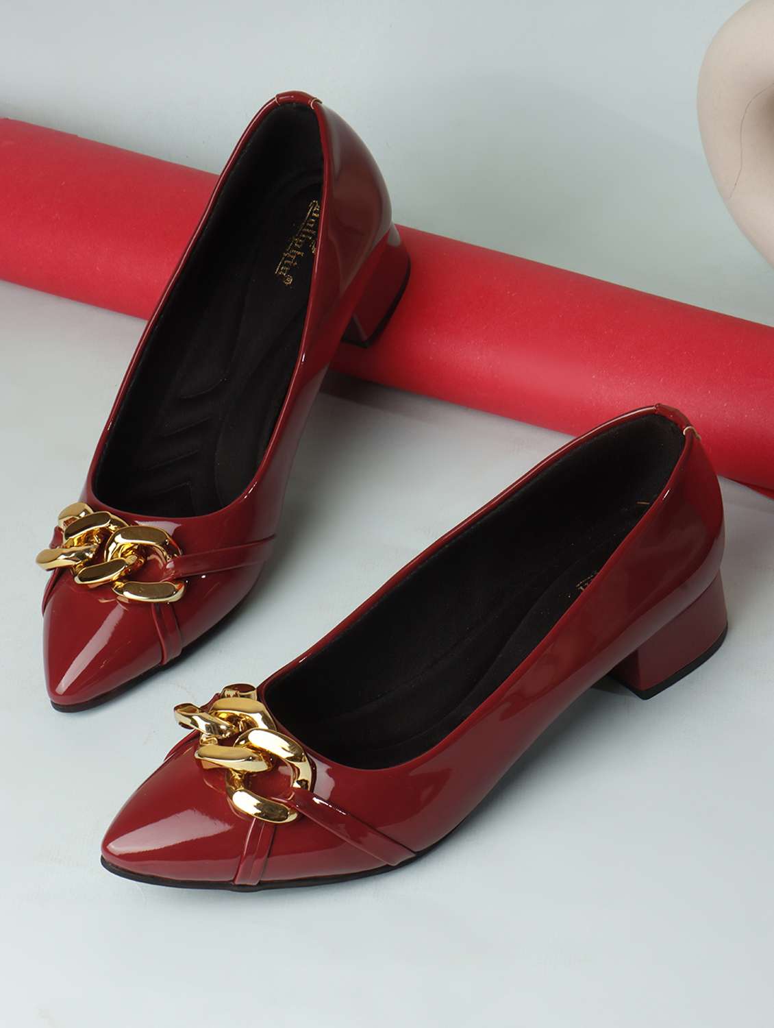 women maroon slip on pump