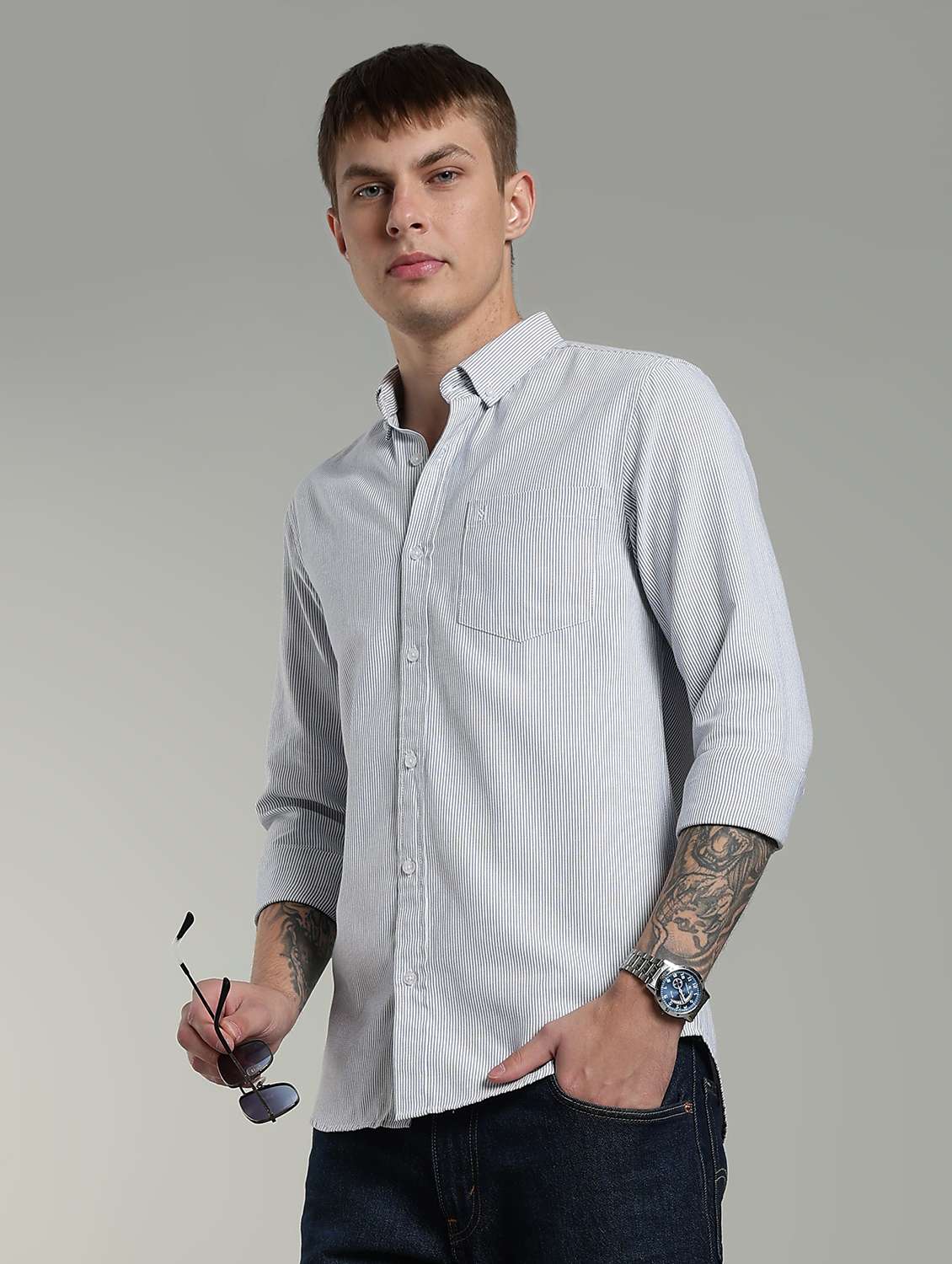 men striped long sleeve slim fit casual shirt