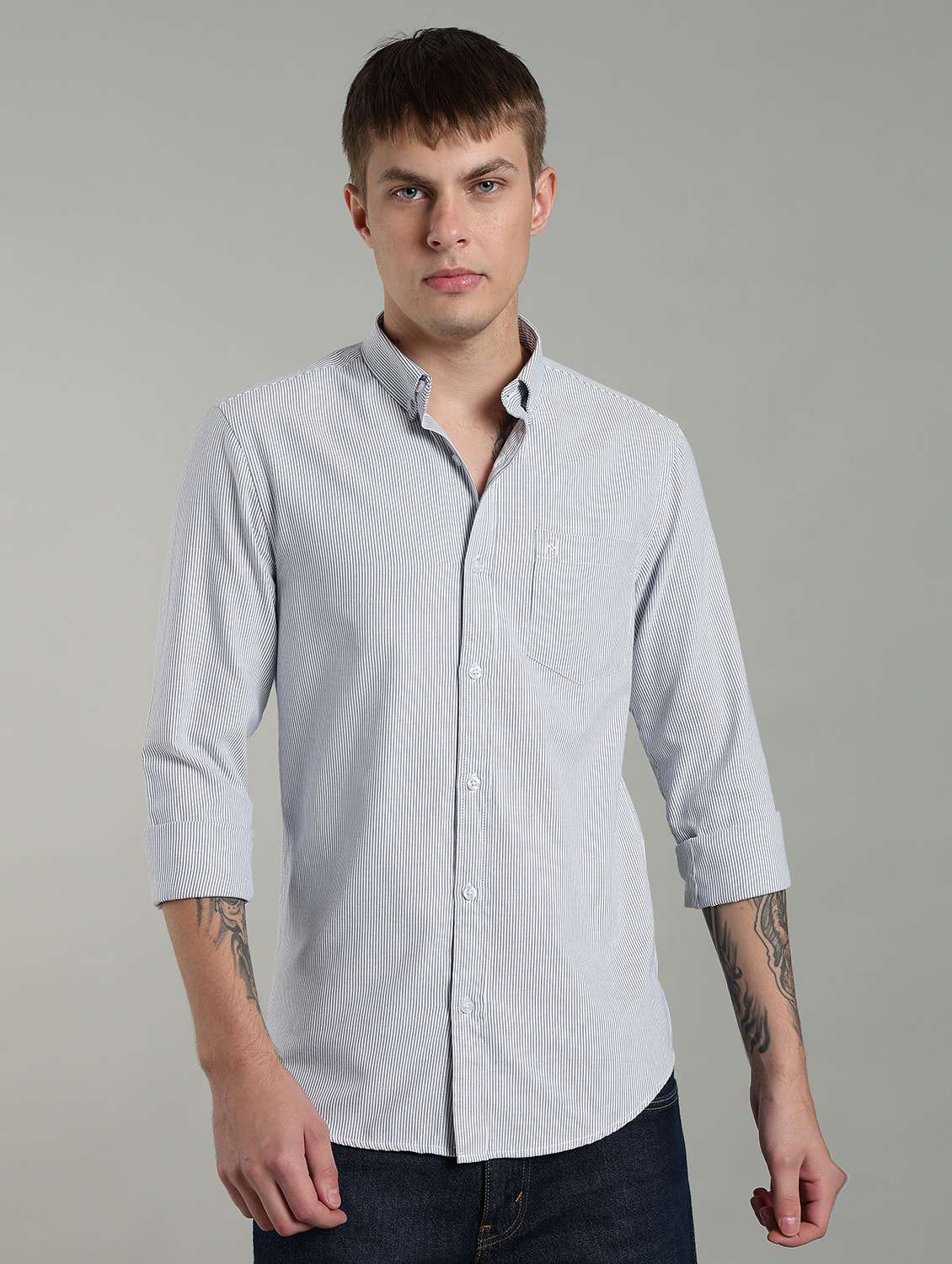 men striped long sleeve slim fit casual shirt