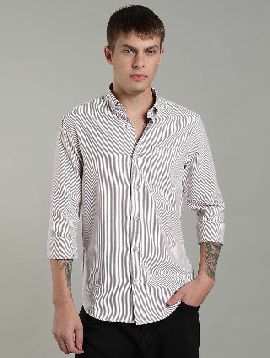 men striped long sleeve slim fit casual shirt