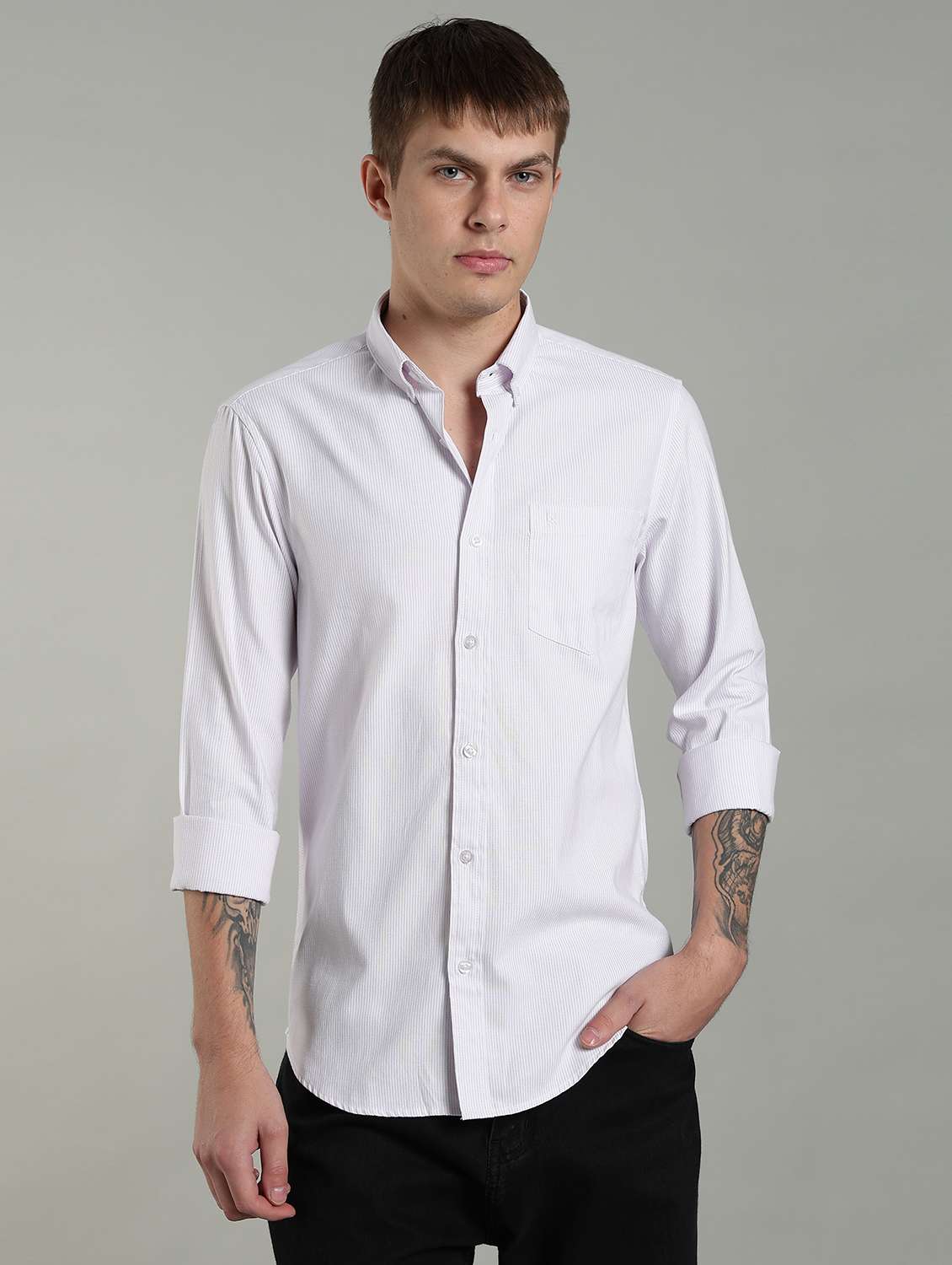 men striped long sleeve slim fit casual shirt