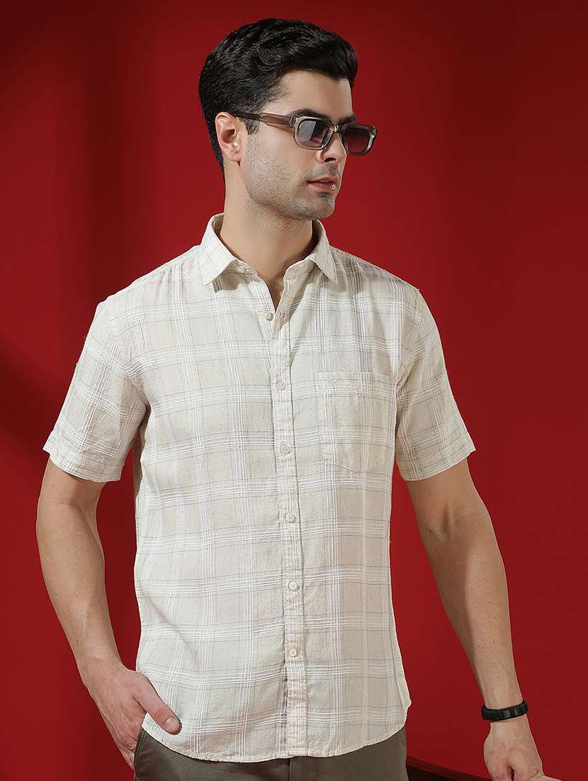 men checkered short sleeve slim fit casual shirt