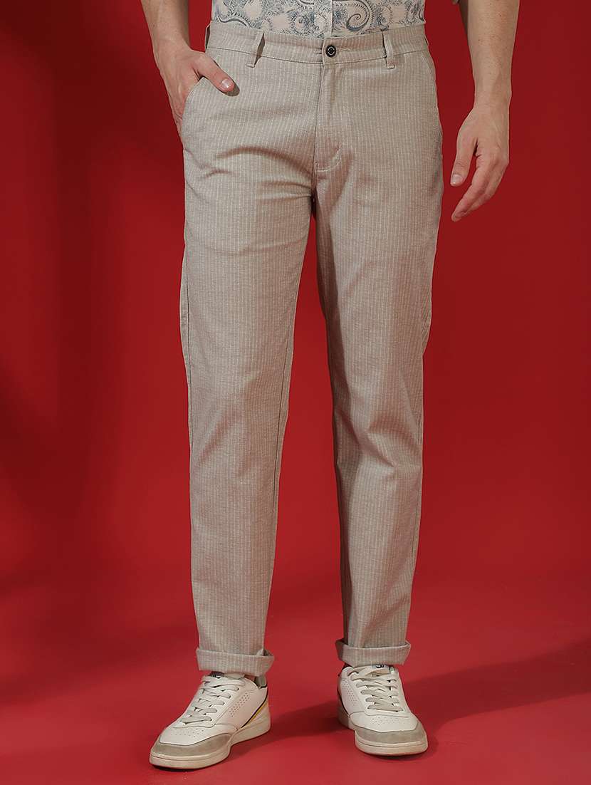 men striped mid rise chinos casual trouser