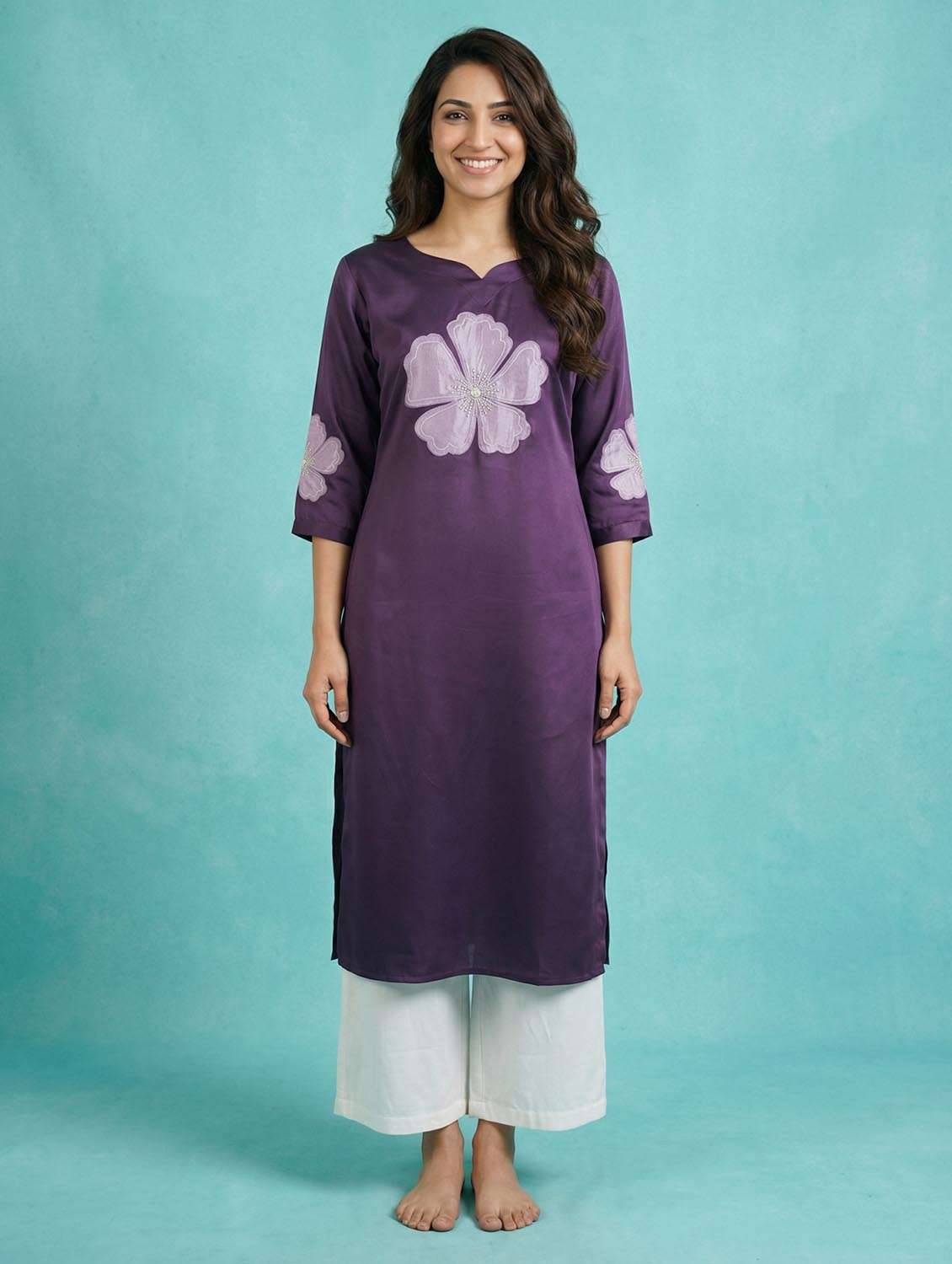 women solid with work three quarter sleeve straight kurta