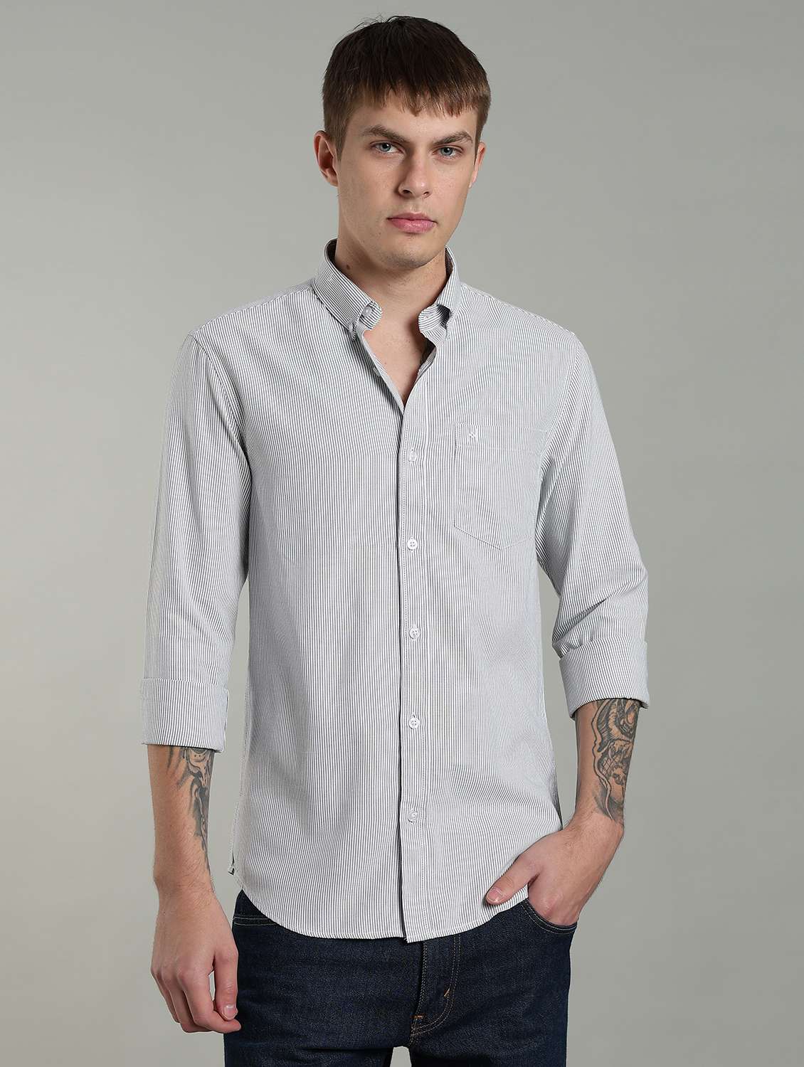 men striped long sleeve slim fit casual shirt