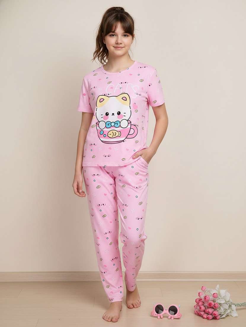 girls printed round neck top and pyjama nightwear set