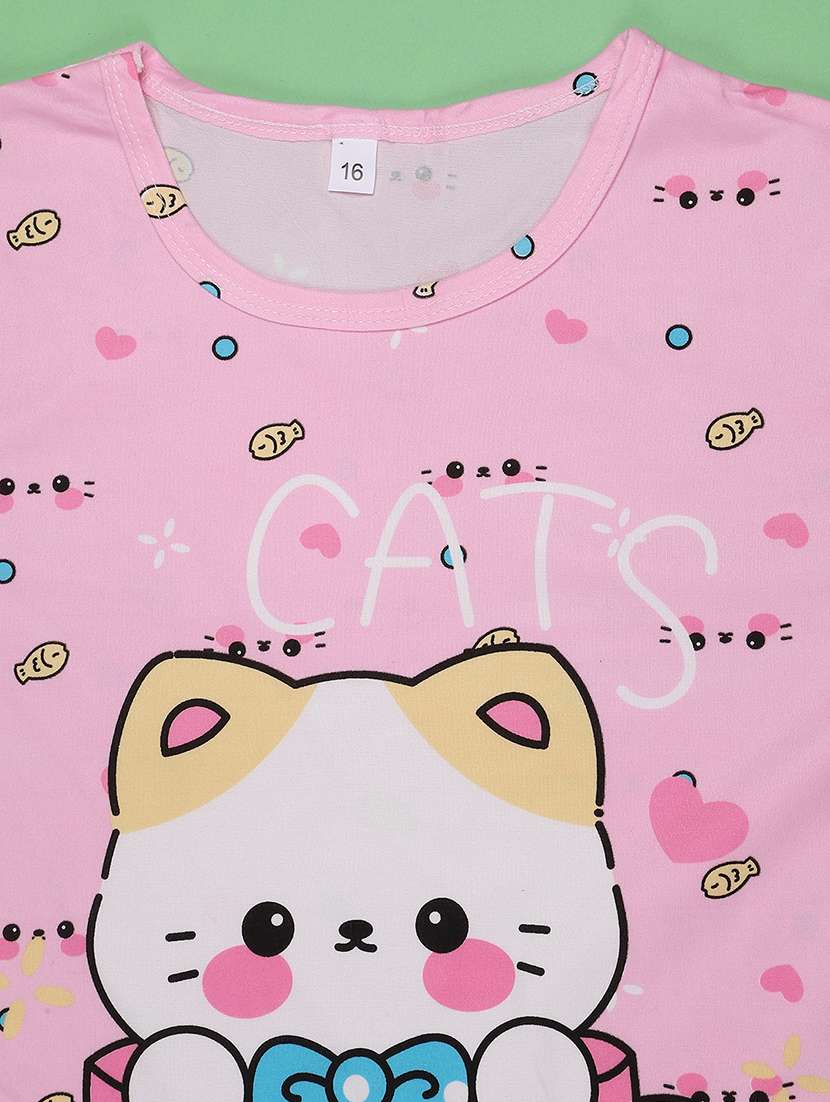 girls printed round neck top and pyjama nightwear set - 22434426 -  Standard Image - 3