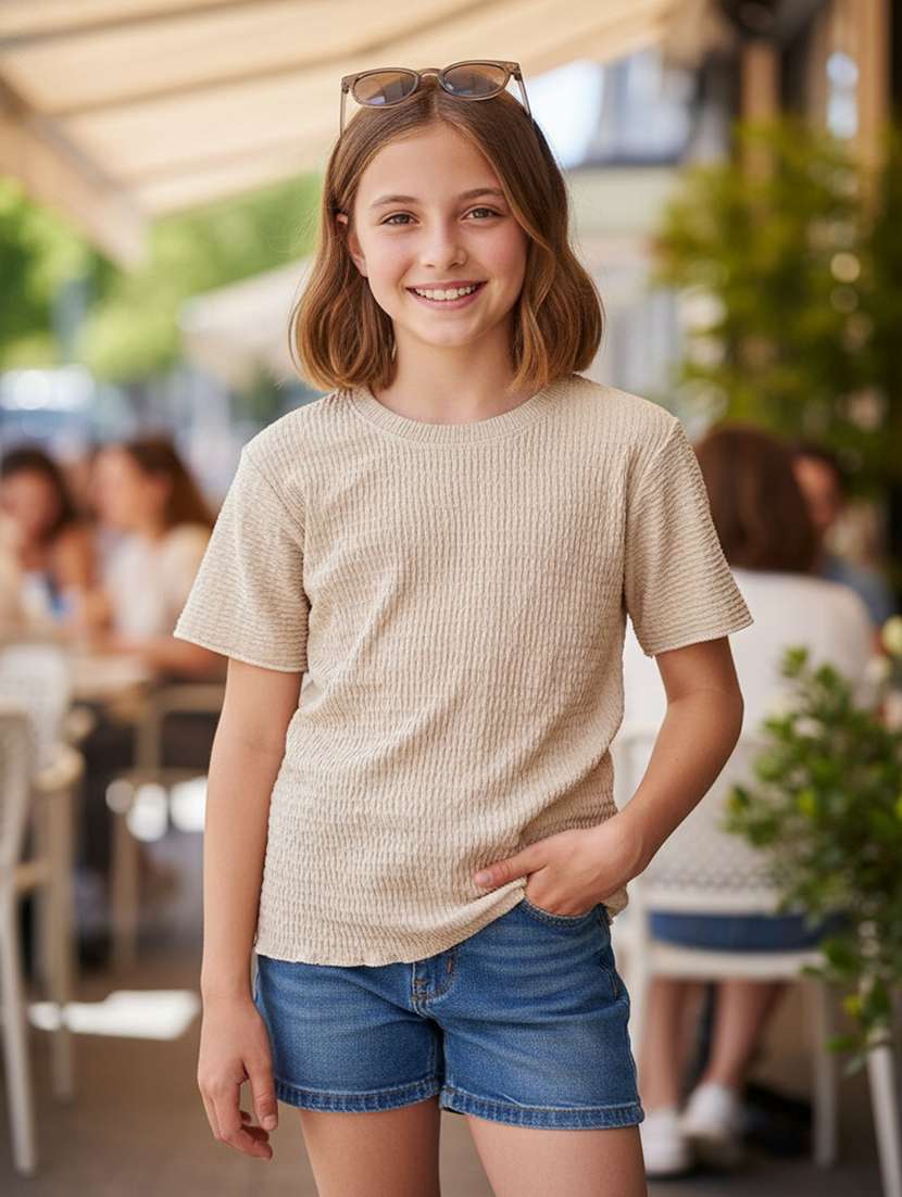 girls self design round neck short sleeves tee