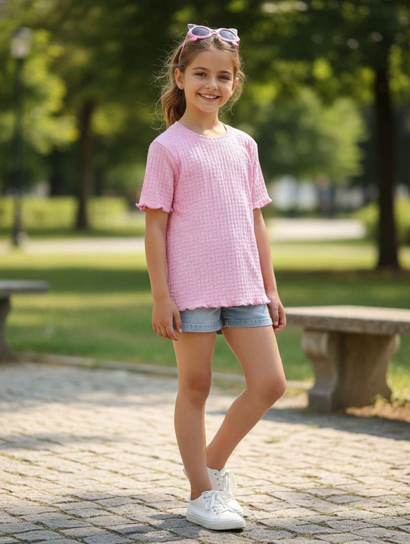 girls self design round neck short sleeves tee
