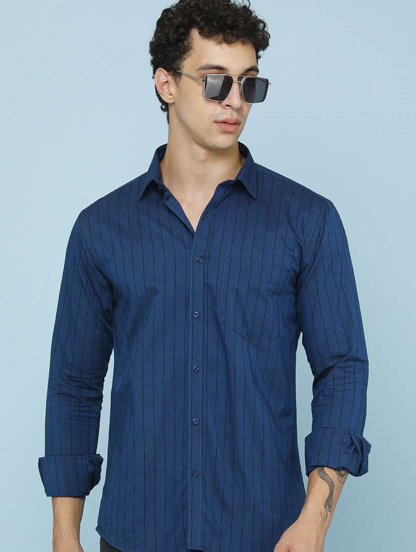 men striped long sleeve slim fit casual shirt