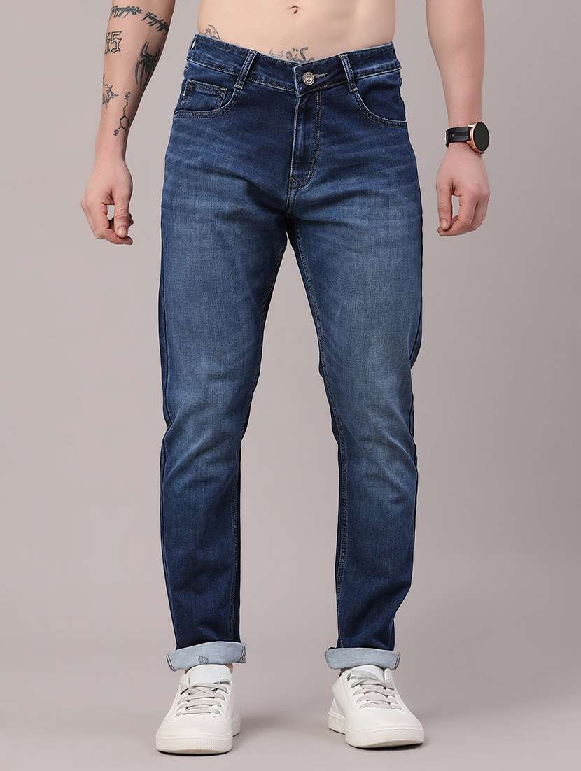 men washed mid rise full length slim fit jeans