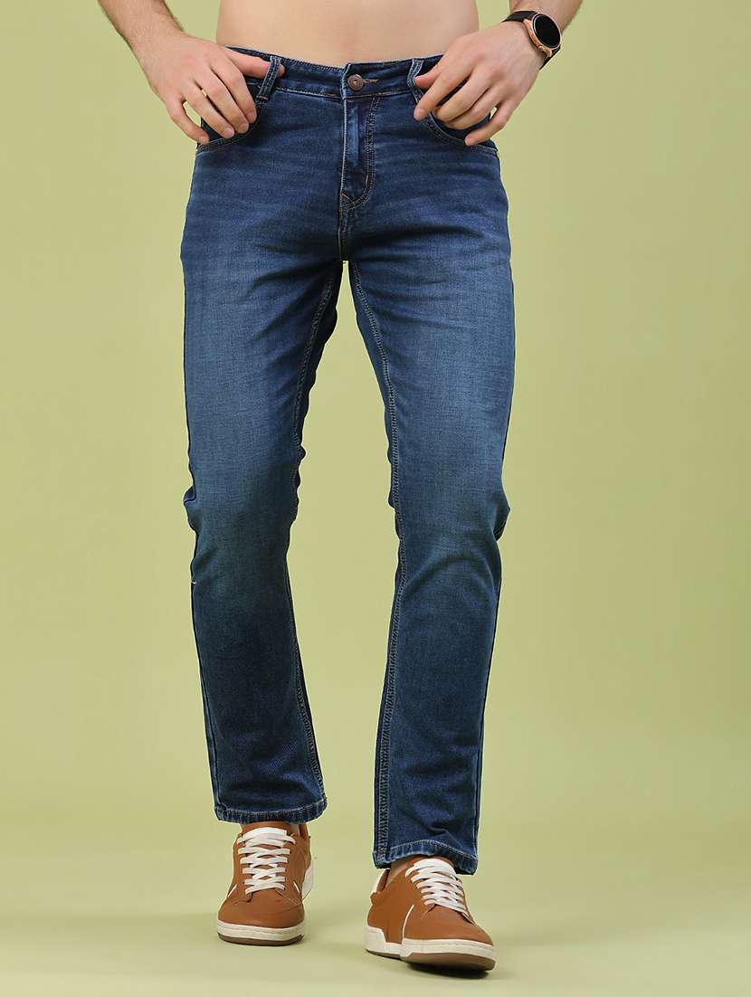 men washed mid rise full length slim fit jeans