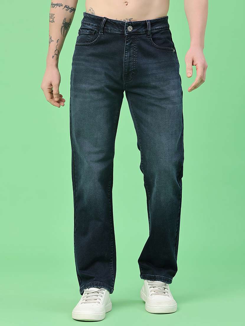 men washed mid rise full length straight jeans