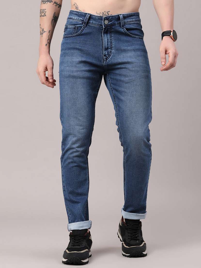 men washed mid rise full length slim fit jeans