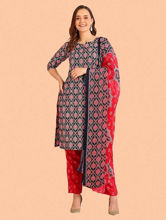 women printed three quarter sleeve kurta pant with dupatta set
