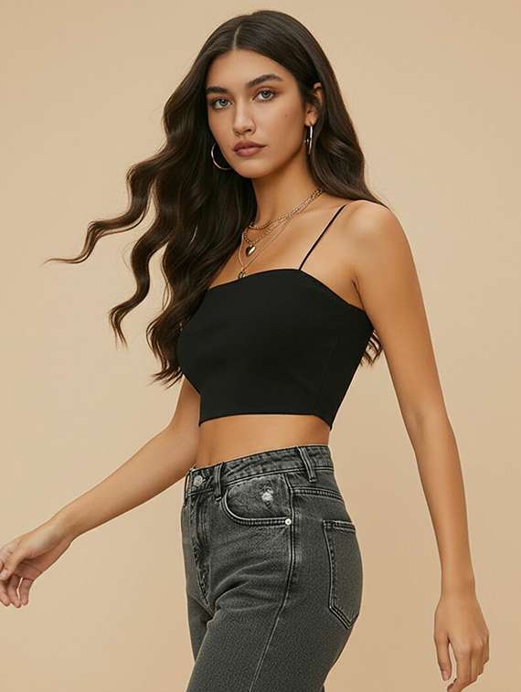 women solid shoulder strap crop top - 22434935 -  Standard Image - 3