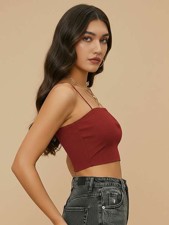 women solid shoulder strap crop top - 22434938 -  Standard Image - 3