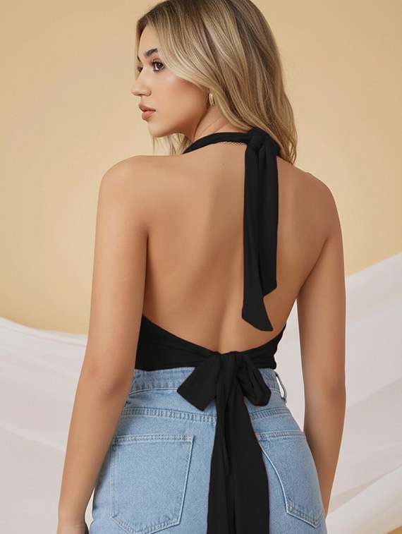 women solid halter neck backless crop top - 22434976 -  Standard Image - 3