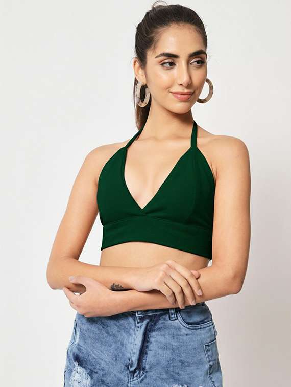 women solid halter neck backless crop top