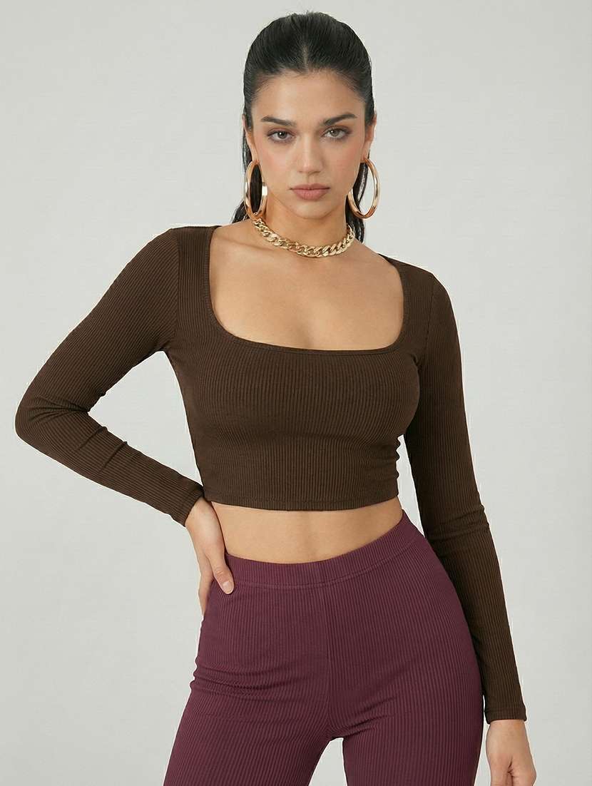 women solid long sleeve crop top