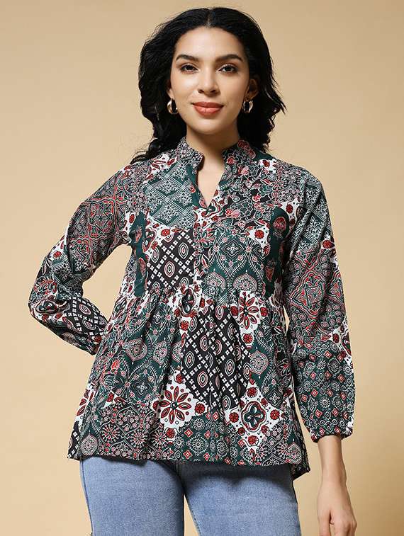 women printed bishop sleeve a-line tunic