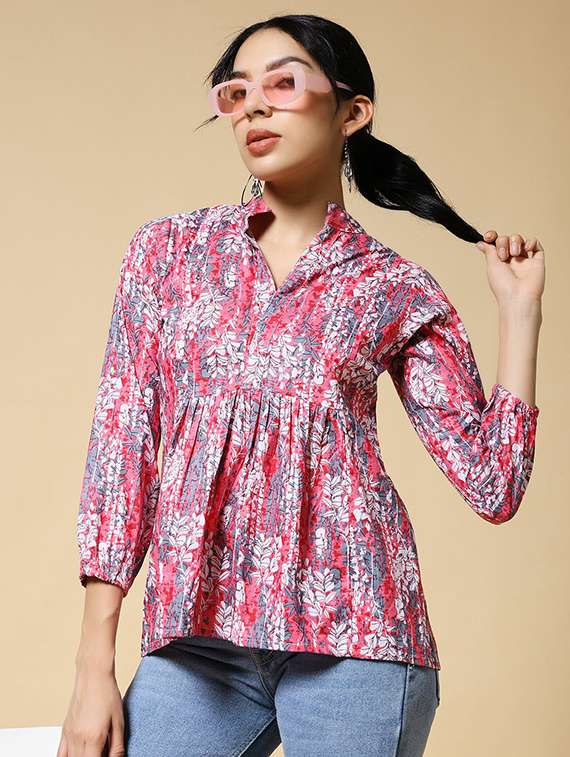 women printed bishop sleeve a-line tunic