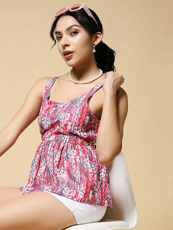 women printed shoulder strap peplum top