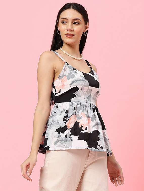 women printed shoulder strap peplum top