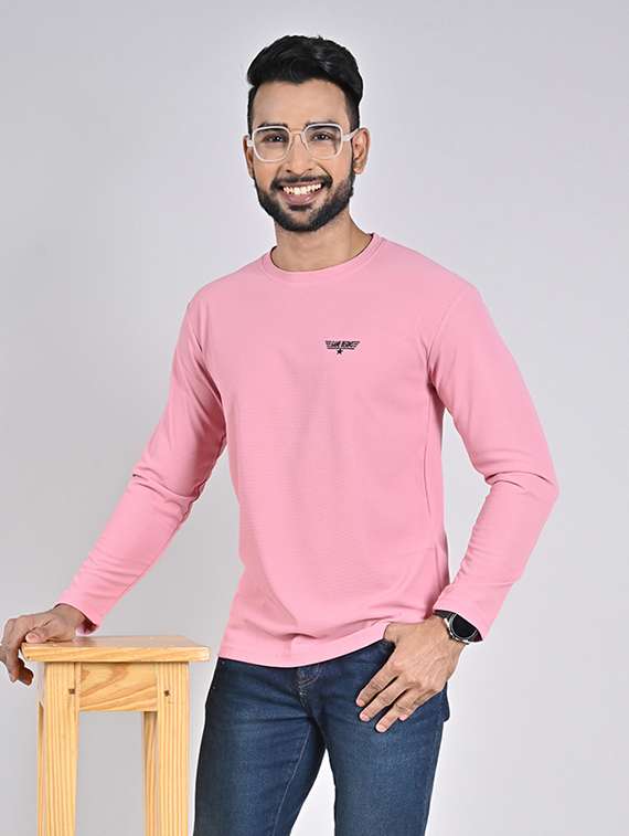 men pink round neck plain t shirt