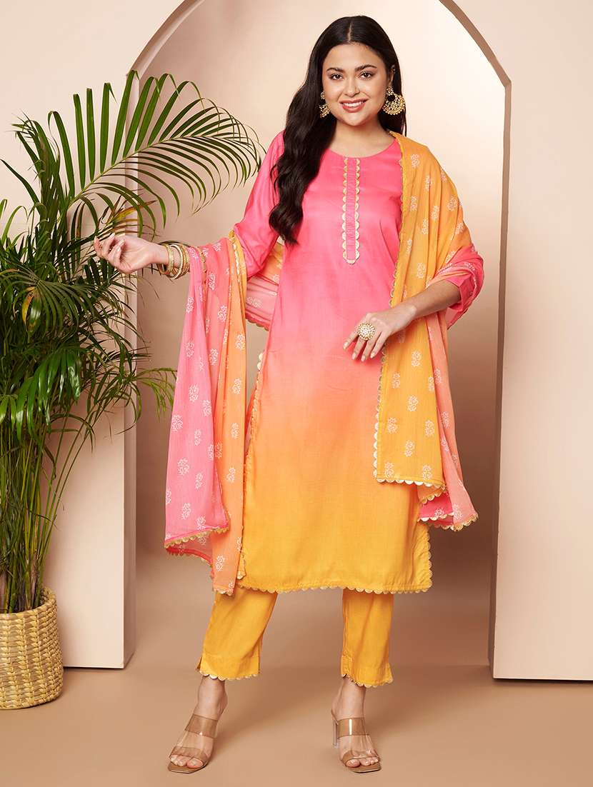 women ombre three quarter sleeve kurta pant with dupattta set
