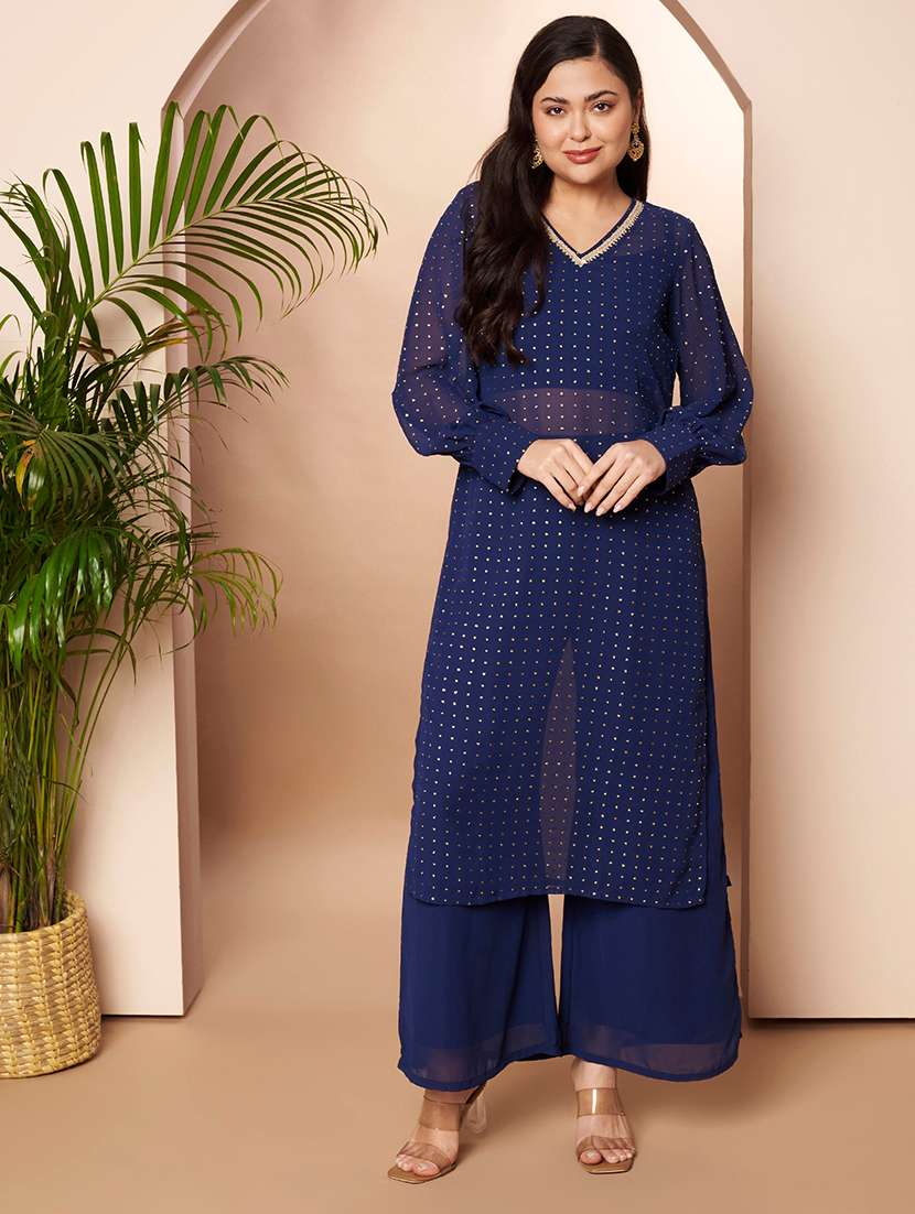 women printed long sleeve kurta palazzo set