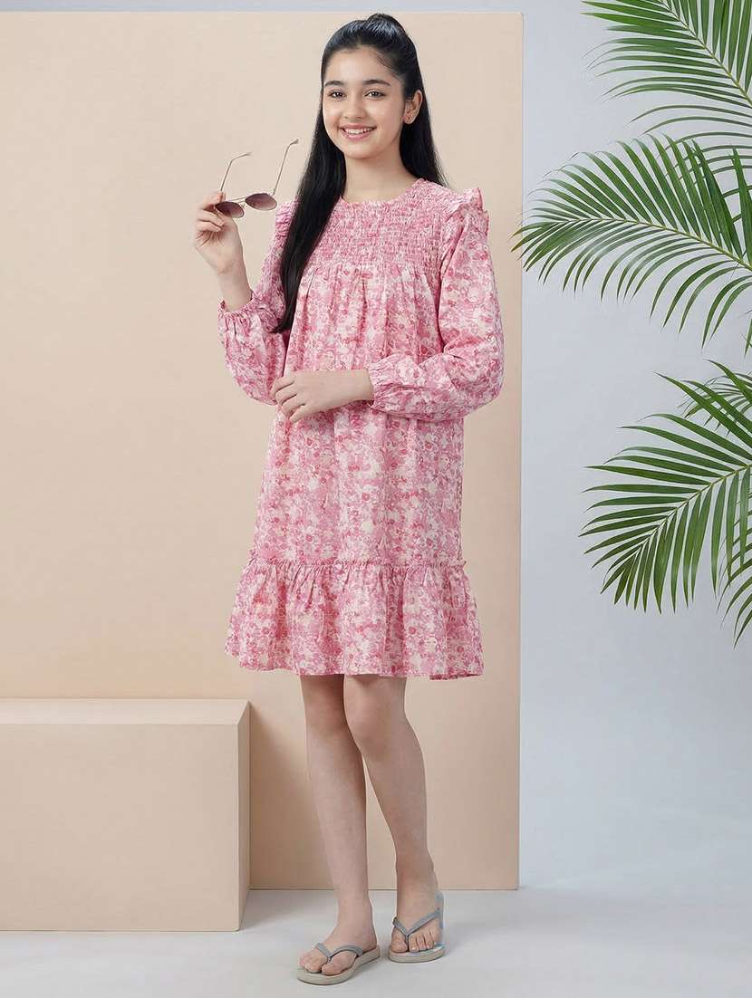 girls printed puff sleeve tiered dress