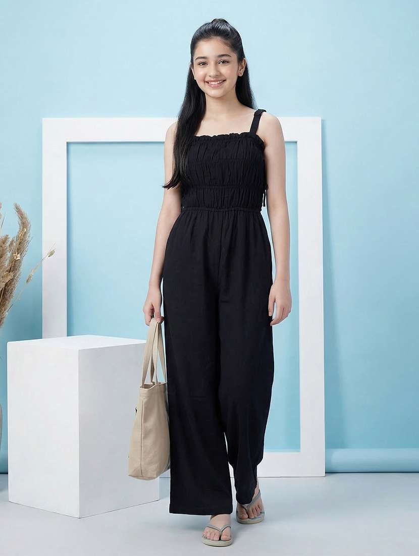 girls black solid shoulder strap jumpsuit