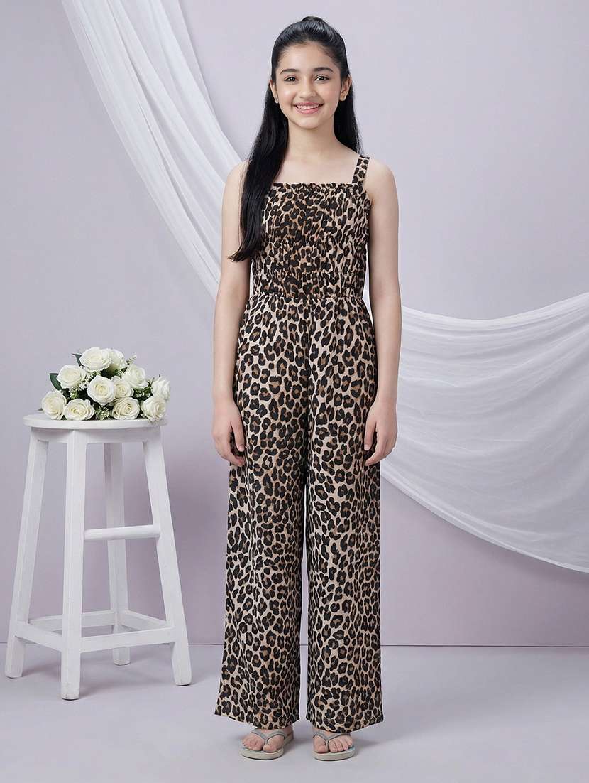 girls animal print shoulder strap jumpsuit