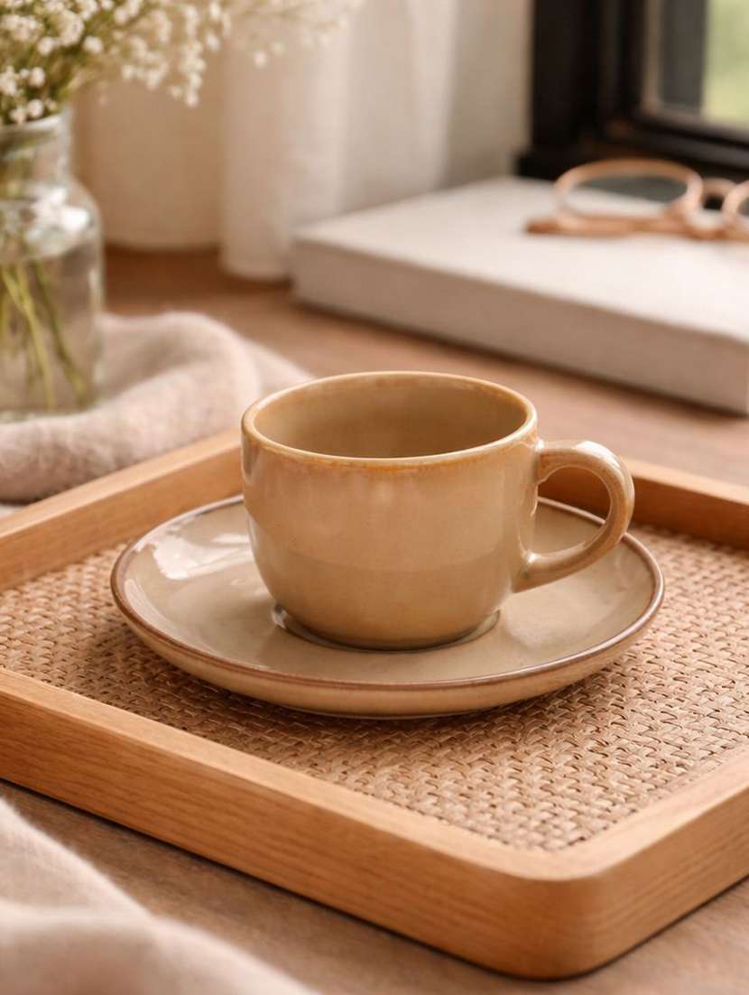 brown ceramic coffee mug and saucer