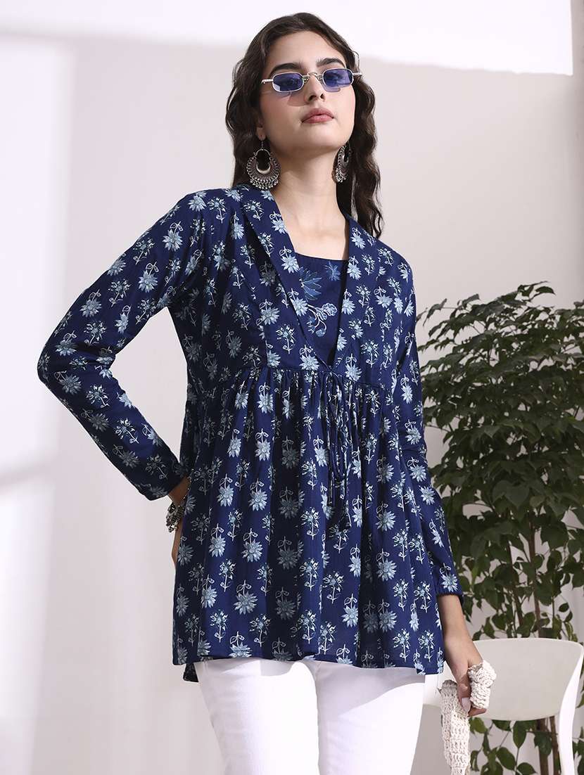 women printed blue cotton regular top