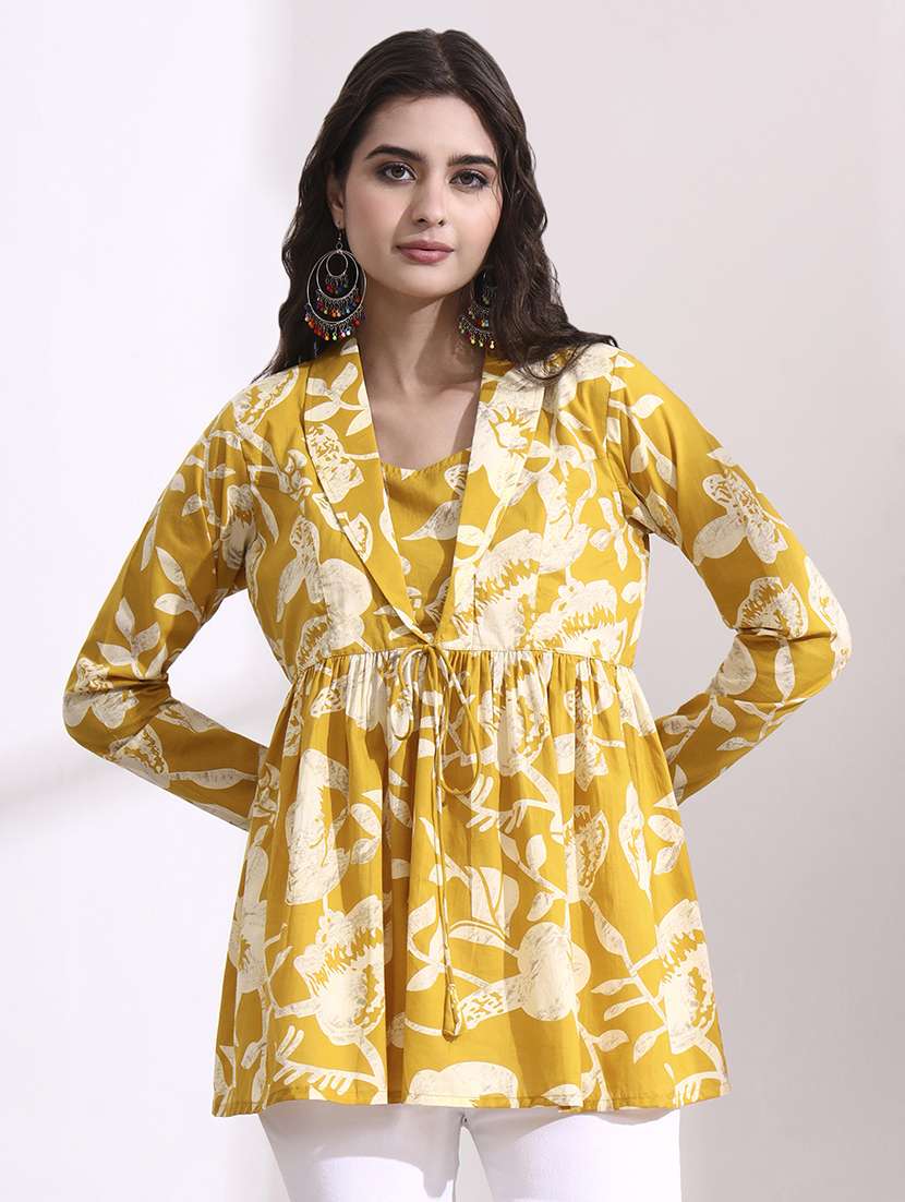 women printed mustard cotton regular top