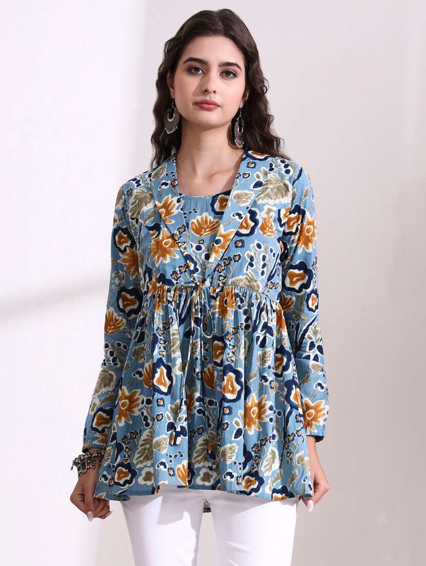 women printed blue cotton regular top