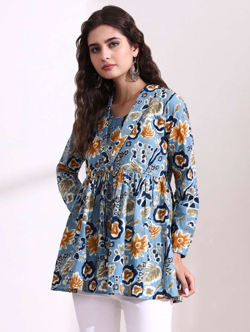 Women Printed Blue Cotton Regular Top - 22436037 -  Standard Image - 3
