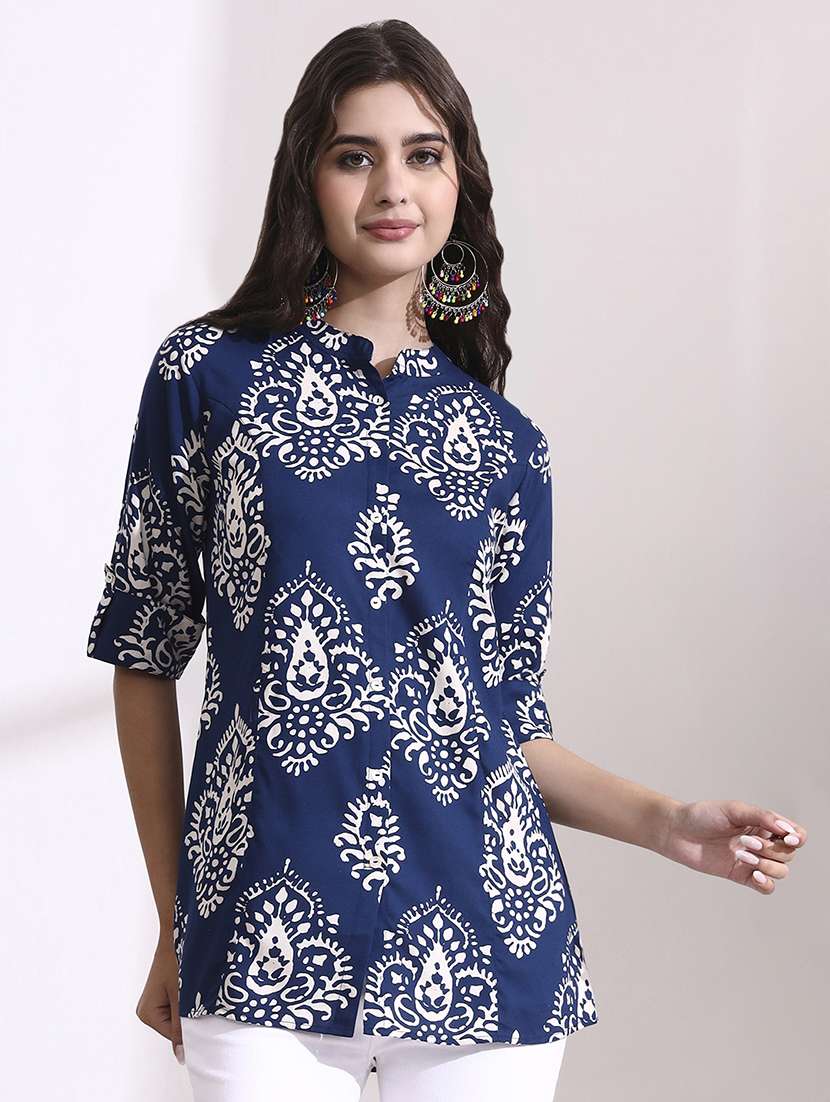 women printed blue rayon regular top