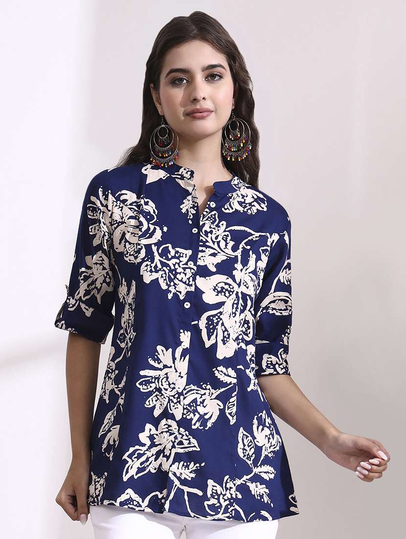 women  printed blue rayon regular top