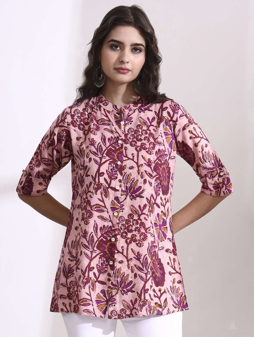 women printed peach rayon regular top