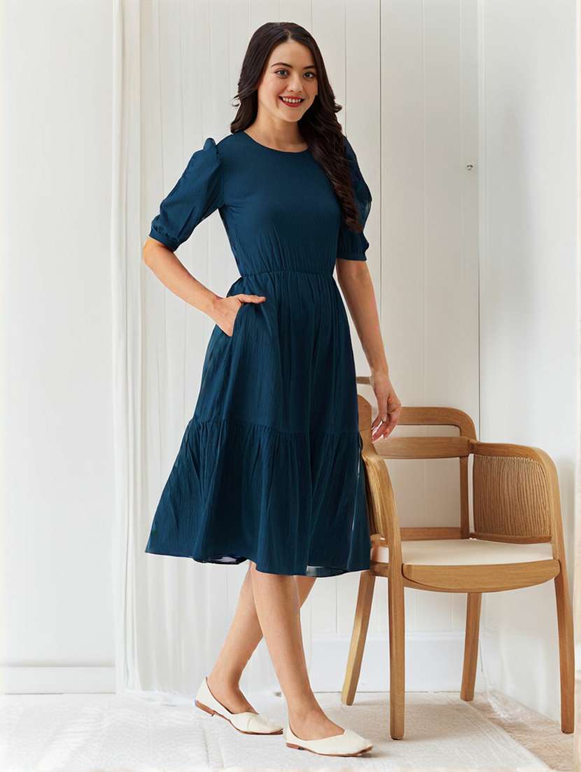 women solid puff sleeve tiered dress