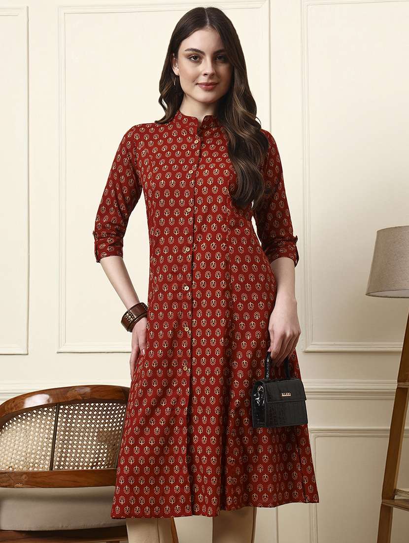 women maroon cotton a-line kurta