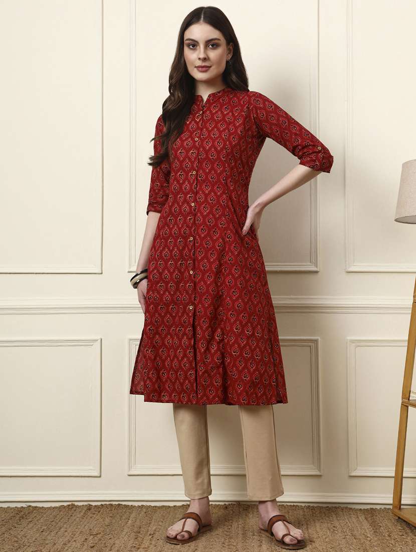 women maroon cotton a-line kurta