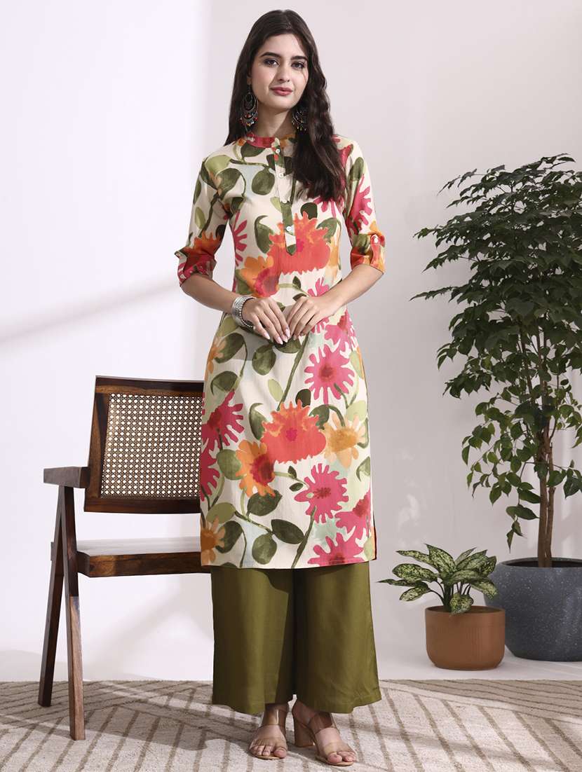 women cream rayon straight kurta