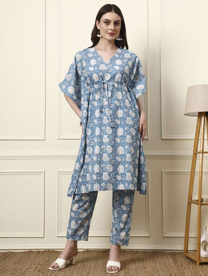 women blue printed cotton top and trouser set