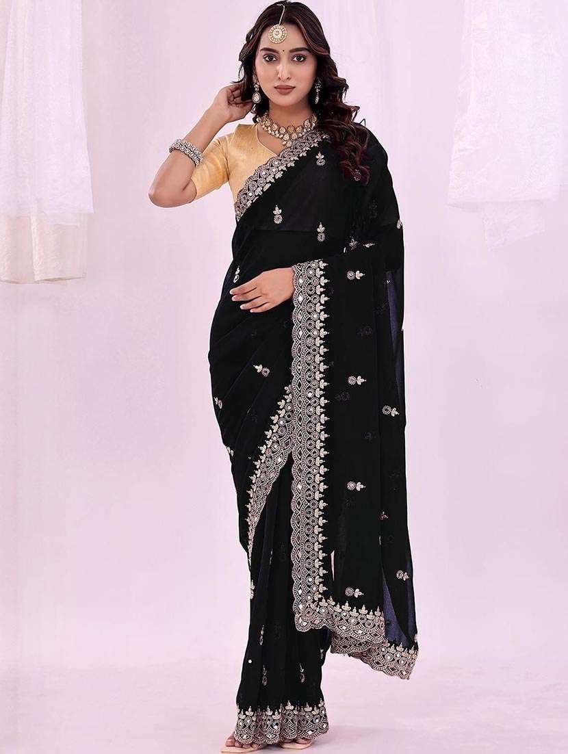 women solid with work embroidered saree with blouse